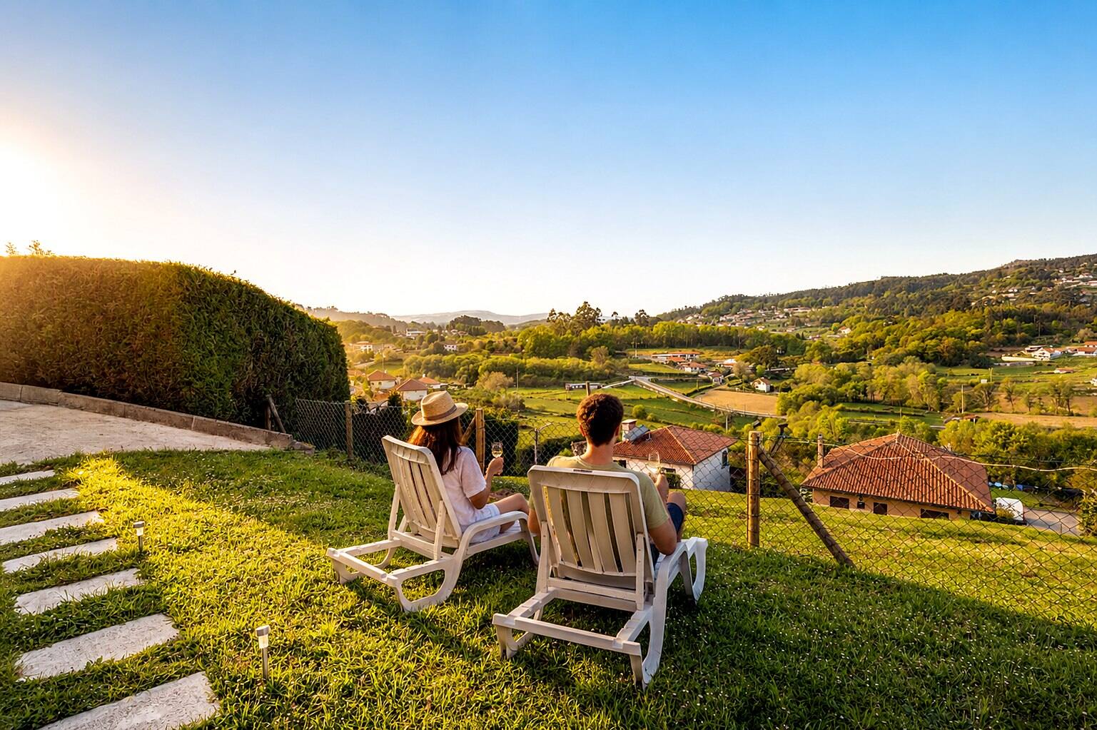 Couple sur des transats face à la vallée du Minho au soleil couchant — Casa Outeiro 99, Paredes de Coura